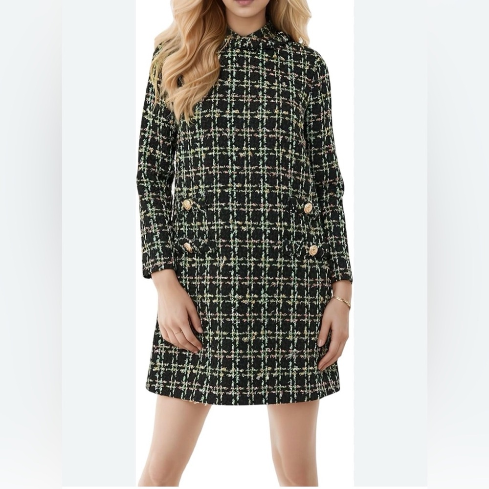Tuckernuck Black Tweed Plaid Mini Dress with Gold Buttons